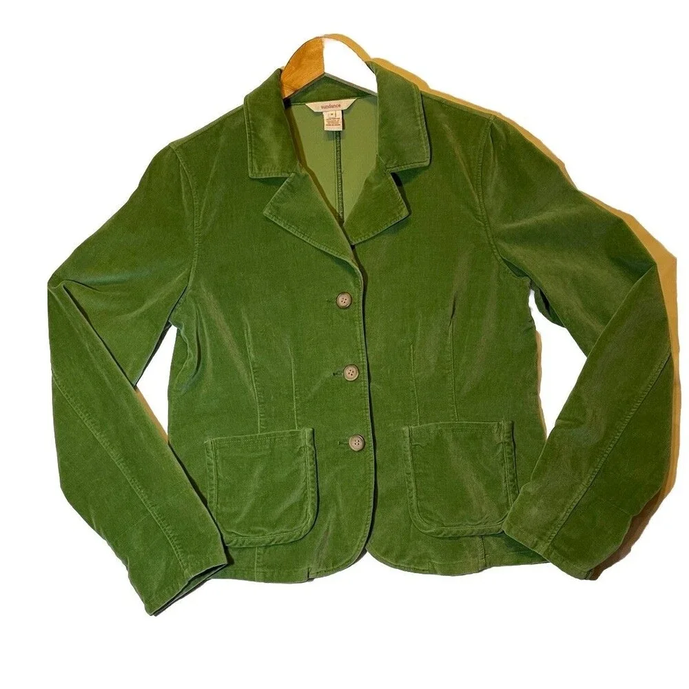 Sundance Blazer Women's 8 Jacket Green Velvet Velveteen Short 3 Front Button - Picture 2 of 8